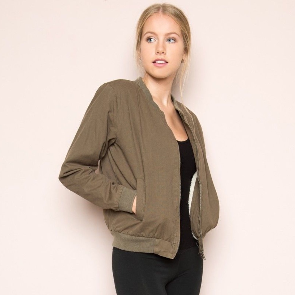 Brandy Melville Green Sherpa Kasey Bomber Jacket